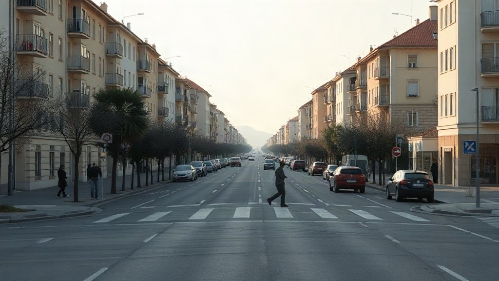Street intersection in a suburban area with cars and a pedestrian crossing