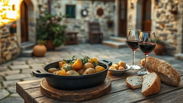 Rustic outdoor table with a cast-iron dish and fresh bread in a Mediterranean courtyard