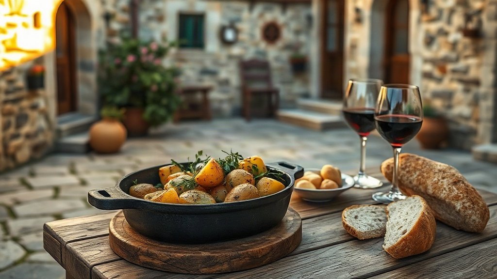Rustic outdoor table with a cast-iron dish and fresh bread in a Mediterranean courtyard
