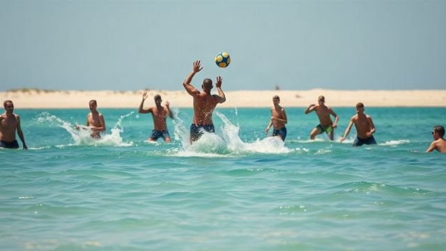 Group playing picigin in shallow sea water at a sunny beach