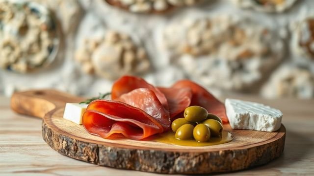 Thinly sliced pršut arranged on a wooden board with olives and cheese
