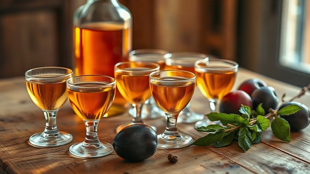 Small glasses of traditional Croatian fruit brandy on a wooden table.