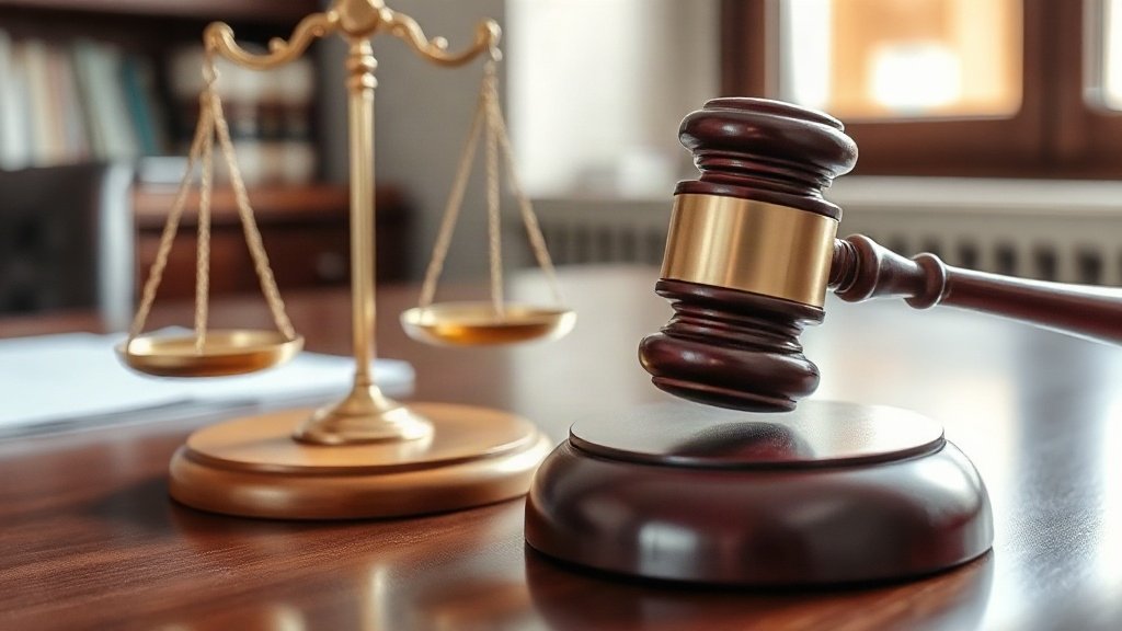 Wooden gavel and scales of justice on a desk in a courtroom