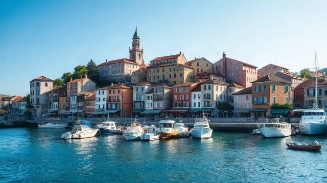 Colourful buildings and boats in Rovinj's old town harbour