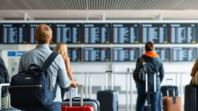 Travellers with suitcases queue at an airport check-in area