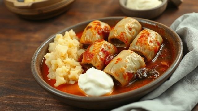 A plate of sarma, Croatian stuffed cabbage rolls, served with mashed potatoes and a dollop of sour cream.