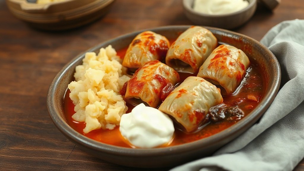 A plate of sarma, Croatian stuffed cabbage rolls, served with mashed potatoes and a dollop of sour cream.