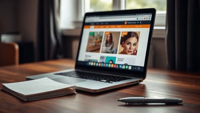 Laptop showing an online store with a shopping cart and a cup of coffee on a desk
