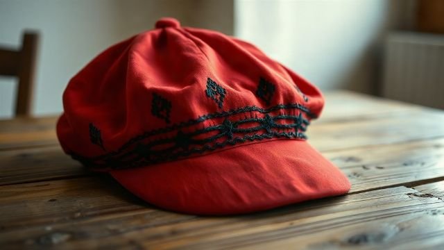 Traditional red Šibenik cap with black embroidery on a wooden table