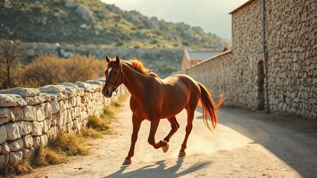 Galloping horse on a dirt track in the Dalmatian countryside