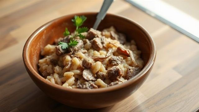 A close-up of a creamy veal risotto in a rustic bowl