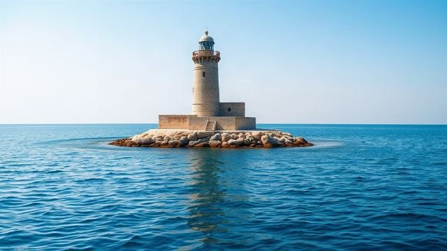 Historic stone lighthouse on a small rocky island in the Adriatic Sea