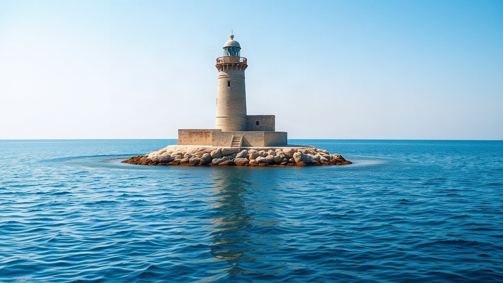 Historic stone lighthouse on a small rocky island in the Adriatic Sea