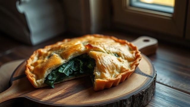 A traditional soparnik pie with a browned crust and visible green filling, served on a wooden board.