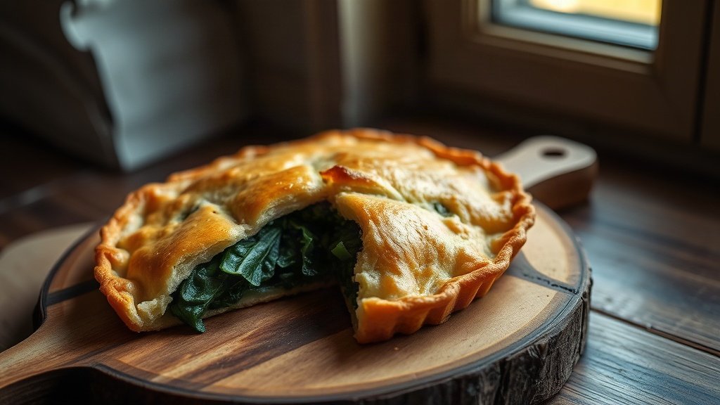A traditional soparnik pie with a browned crust and visible green filling, served on a wooden board.