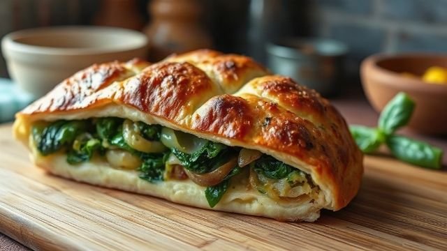 A rustic soparnik pie with chard and onion filling on a wooden board