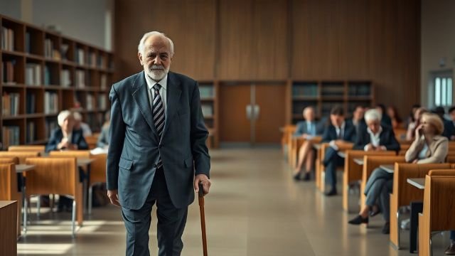 An elderly man using a cane while walking at an indoor event