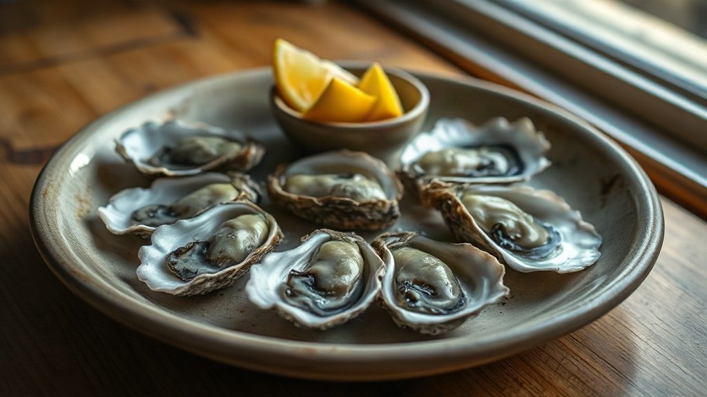 Freshly shucked oysters on a plate with lemon wedges