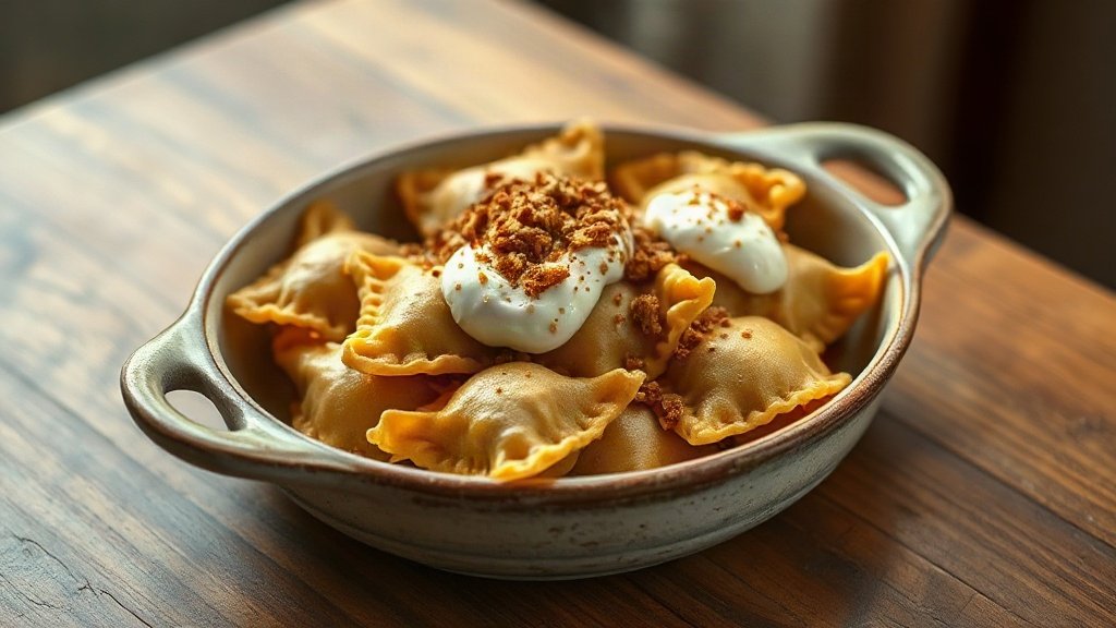 Plate of baked štrukli with golden crust and sour cream