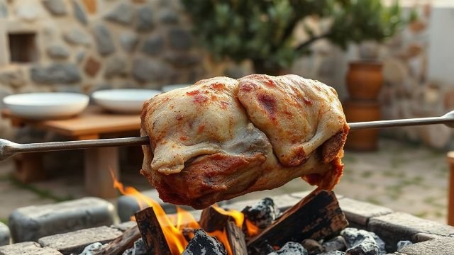 A whole lamb roasting on a spit over an open fire in a rustic Croatian setting