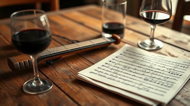 A traditional tamburica string instrument resting on a rustic wooden table with a glass of wine and handwritten music notes.