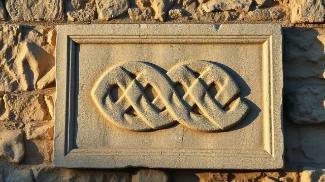 Close-up of an ancient stone carving with intricate interlace pattern