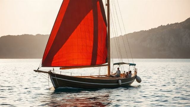 A traditional wooden gajeta sailing boat on the Adriatic Sea