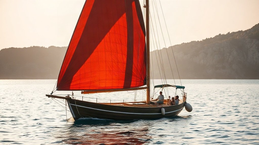 A traditional wooden gajeta sailing boat on the Adriatic Sea