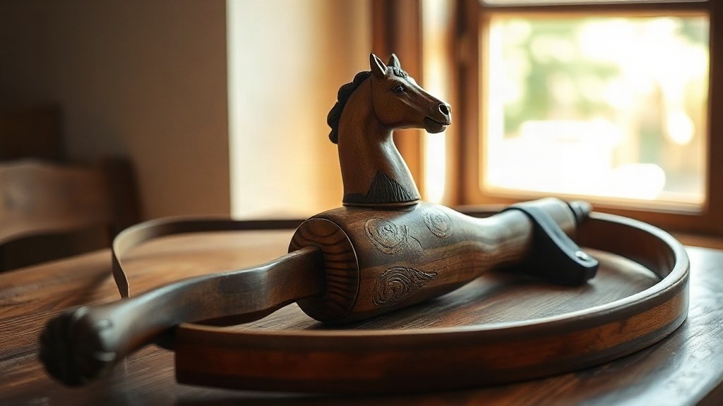 A gusle, a traditional single-stringed instrument, with a bow resting beside it on a wooden table.