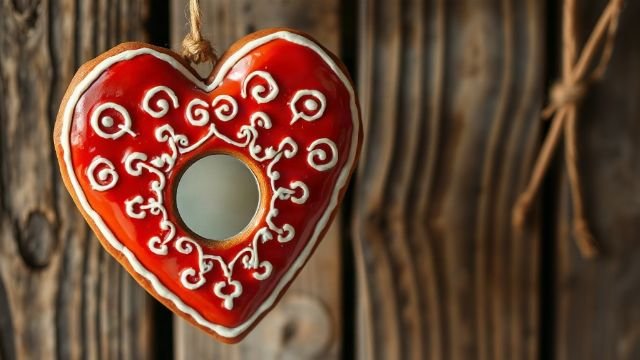 A red heart-shaped gingerbread decorated with white icing and a small mirror