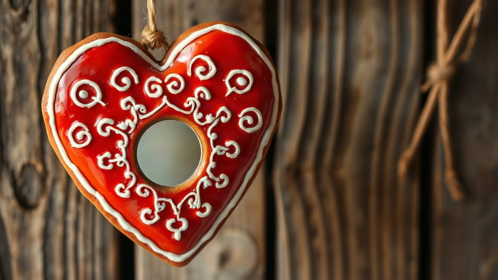 A red heart-shaped gingerbread decorated with white icing and a small mirror