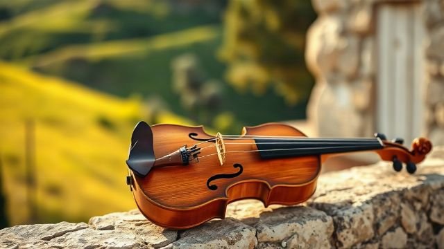 A traditional lijerica, a pear-shaped three-stringed fiddle, resting on a stone wall.