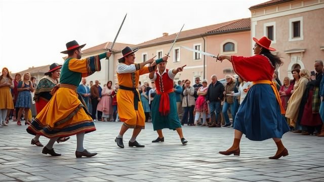 Performers in traditional costumes engage in a sword dance on Korčula