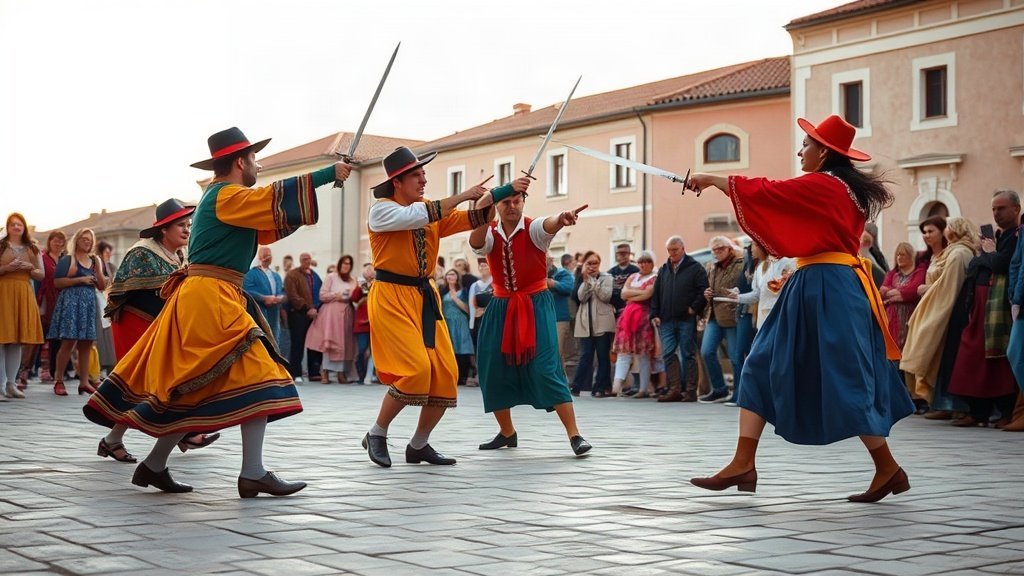Performers in traditional costumes engage in a sword dance on Korčula