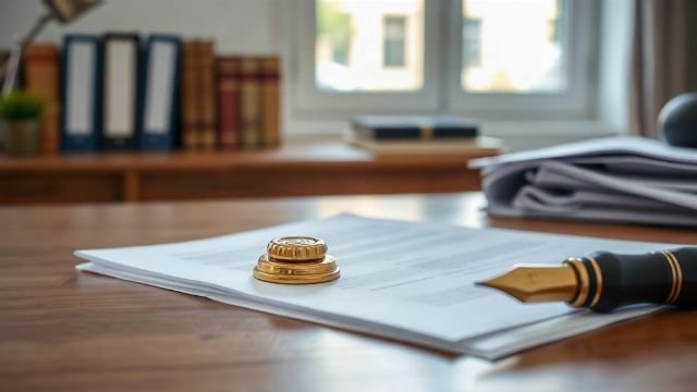 A desk with legal documents, a seal and a pen in a bright office