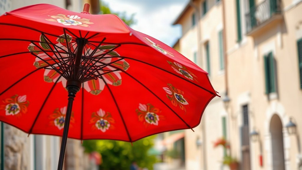 A red umbrella with hand-painted floral folk motifs.