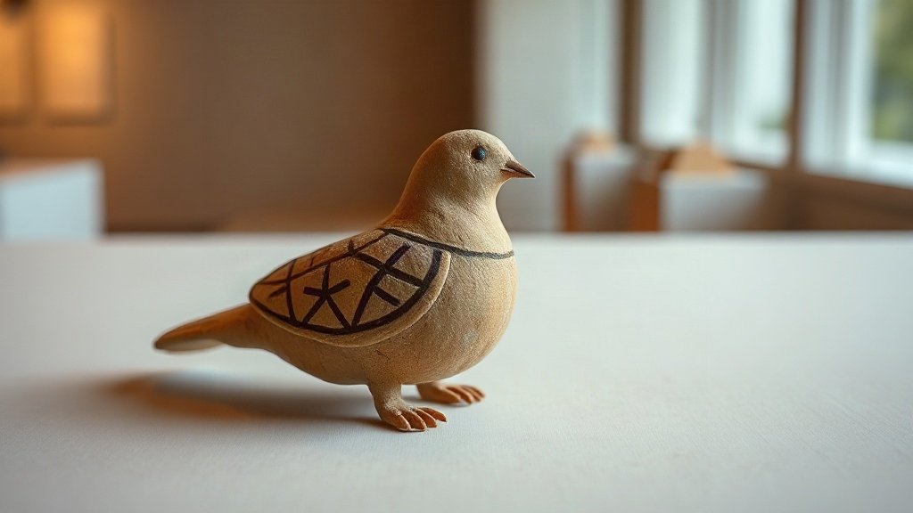 Close-up of the Vučedol Dove, a prehistoric ceramic bird with incised patterns