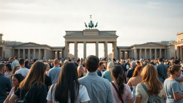 Large crowd of young people gathered in a city square