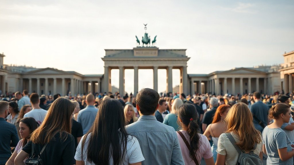 Large crowd of young people gathered in a city square