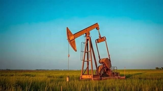 Oil pump jack in a field under a clear sky