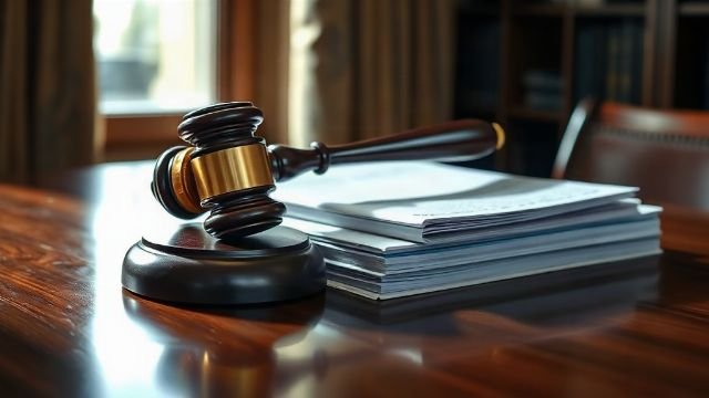 A gavel resting on legal documents on a desk