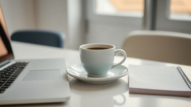 A white cup of coffee on a saucer next to a laptop and notepad on a wooden table.