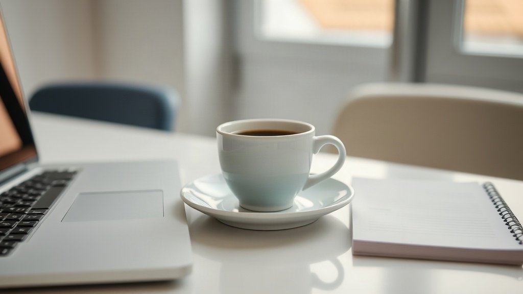 A white cup of coffee on a saucer next to a laptop and notepad on a wooden table.