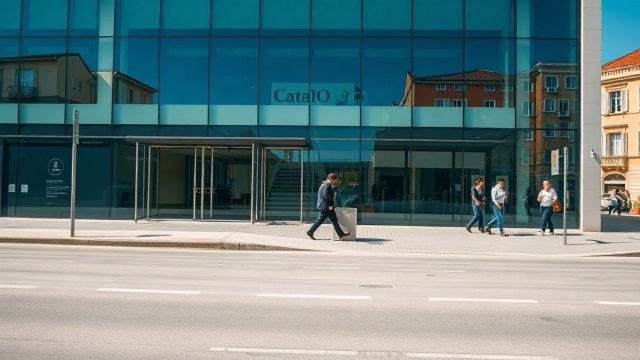 A modern office building with a glass facade