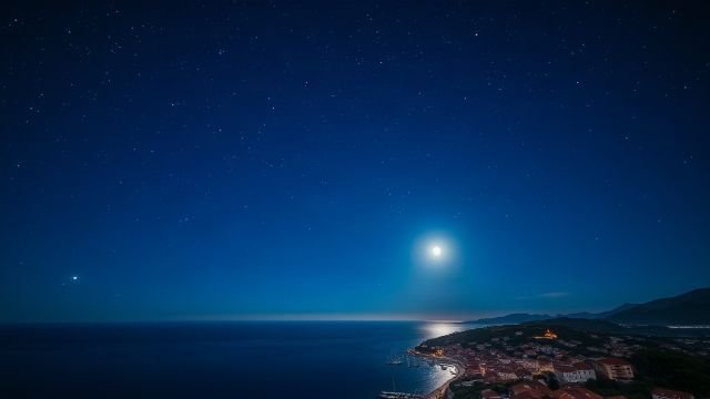 Starry night sky with zodiac constellations over a coastal town