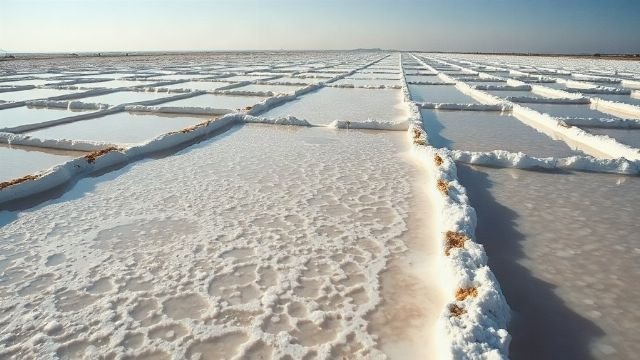 Salt pans on the island of Pag, Croatia, with white salt crystals and blue sky.