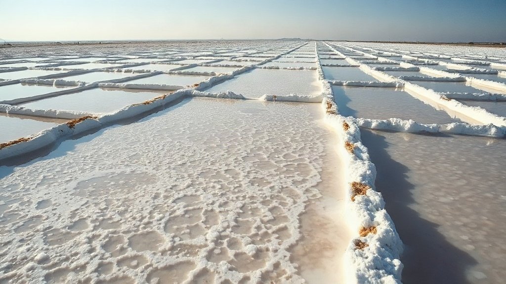 Salt pans on the island of Pag, Croatia, with white salt crystals and blue sky.