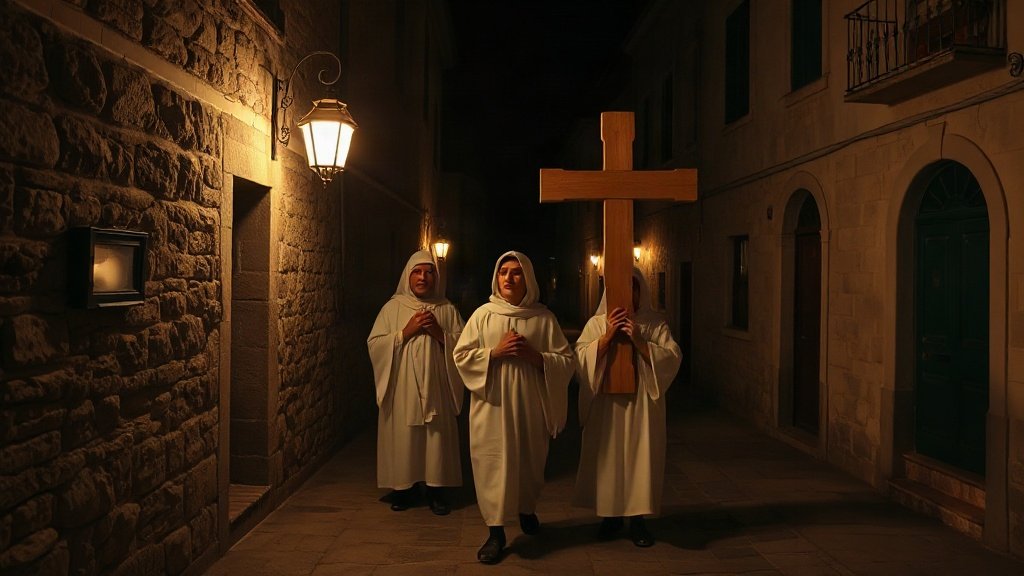 People in white robes carrying a cross at night on Hvar