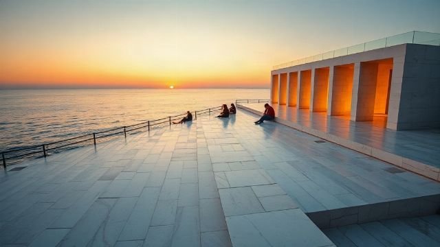 Marble steps of the Sea Organ in Zadar with people sitting and the sea beyond