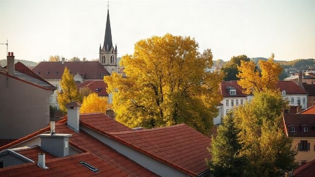 View of Zagreb's historic Upper Town with red rooftops and church towers in autumn.